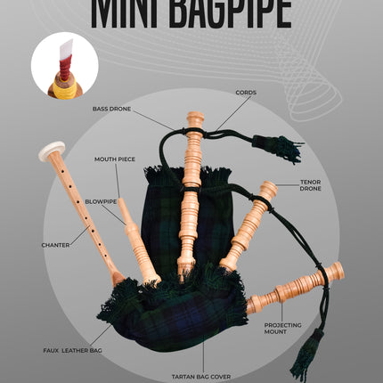 Mini Miniature Bagpipe - Rosewood Bagpipe for Beginners, Playable Gift | Black Watch