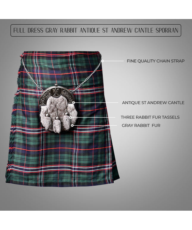 Grey Rabbit Fur Sporran Antique Cantle featuring genuine rabbit fur and an antique cantle design, perfect for formal Scottish dress.