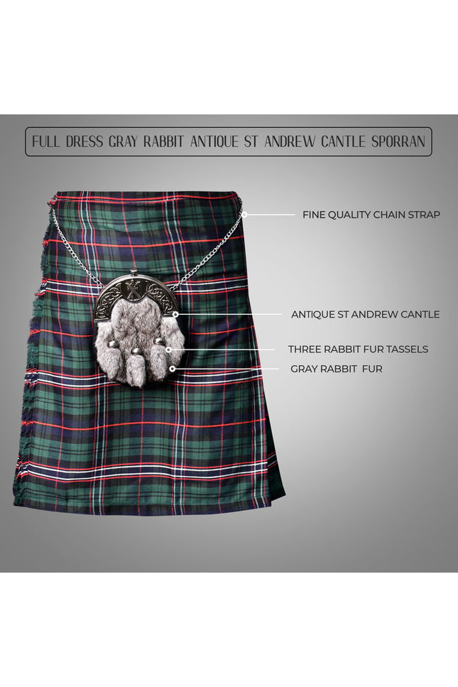 Formal Gray Rabbit Fur Sporran with St. Andrew Antique Cantle