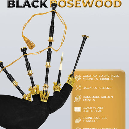 Full Size Rosewood  Bagpipe| Lead-Free Glossy Black Finish | Gold-Engraved Mounts & Ferrules | Hard Case | Premium Reeds + FREE Practice Chanter