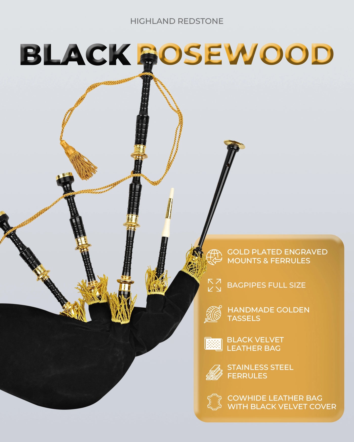 Full Size Rosewood  Bagpipe| Lead-Free Glossy Black Finish | Gold-Engraved Mounts & Ferrules | Hard Case | Premium Reeds + FREE Practice Chanter