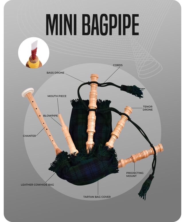 Mini Miniature Bagpipe - Rosewood Bagpipe for Beginners, Playable Gift | Black Watch