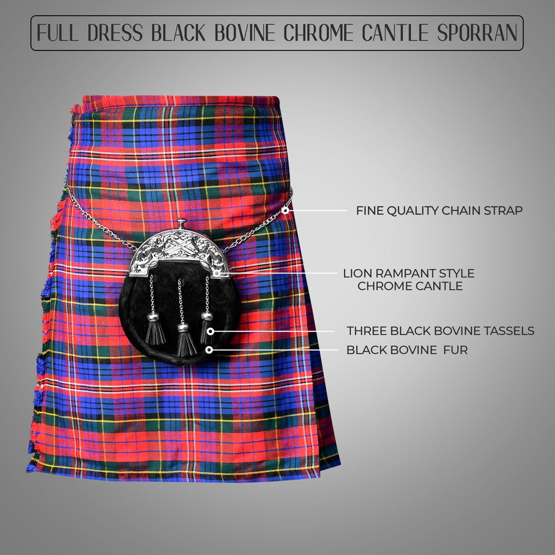 Scottish Bovine Sporran with chain belt Premium quality kilt sporran for men