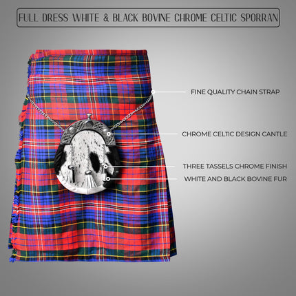 Formal White & Black Bovine Sporran with Celtic Chrome Cantle