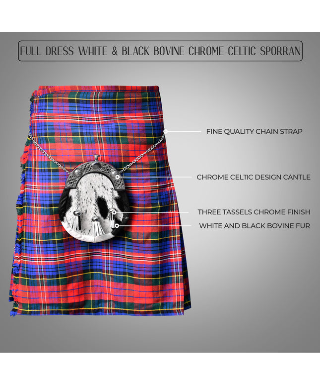 Premium Scottish White & Black Bovine Sporran with Chain Belt