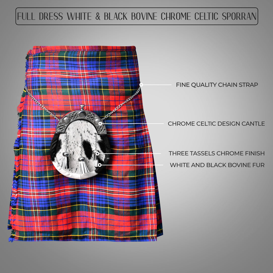 Scottish White & Black Bovine Sporran with chain belt Premium quality kilt sporran for men
