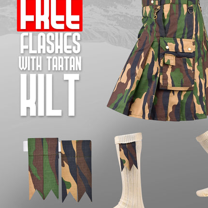 Camouflage Utility Kilt For Men - Rugged Ripstop Cotton tactical men kilt with brass hardware