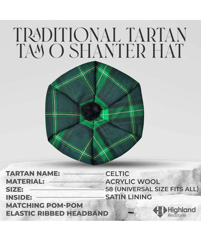 Tam O'Shanter Hat with Pompom | Celtic Tartan