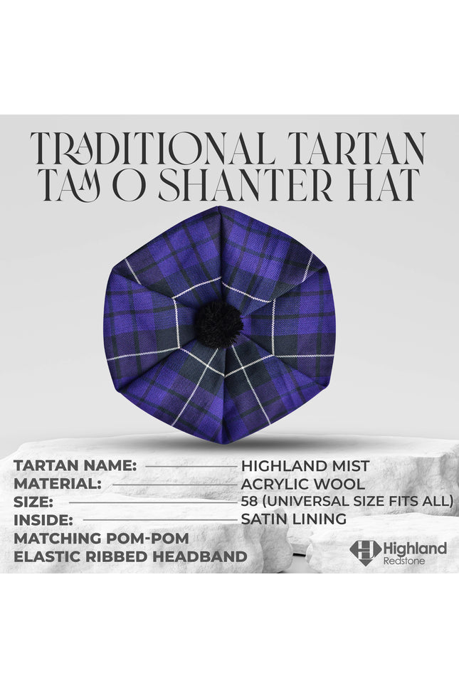 Tam O'Shanter Hat with Pompom | Highland Mist Tartan