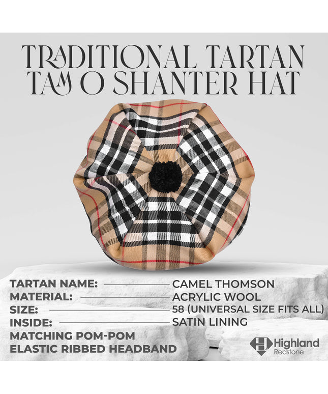 Tam O'Shanter Hat with Pompom | Camel Thomson Tartan