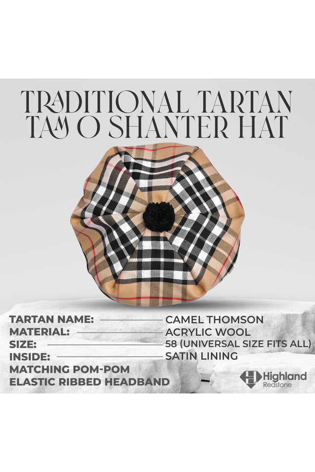 Tam O'Shanter Hat with Pompom | Camel Thomson Tartan