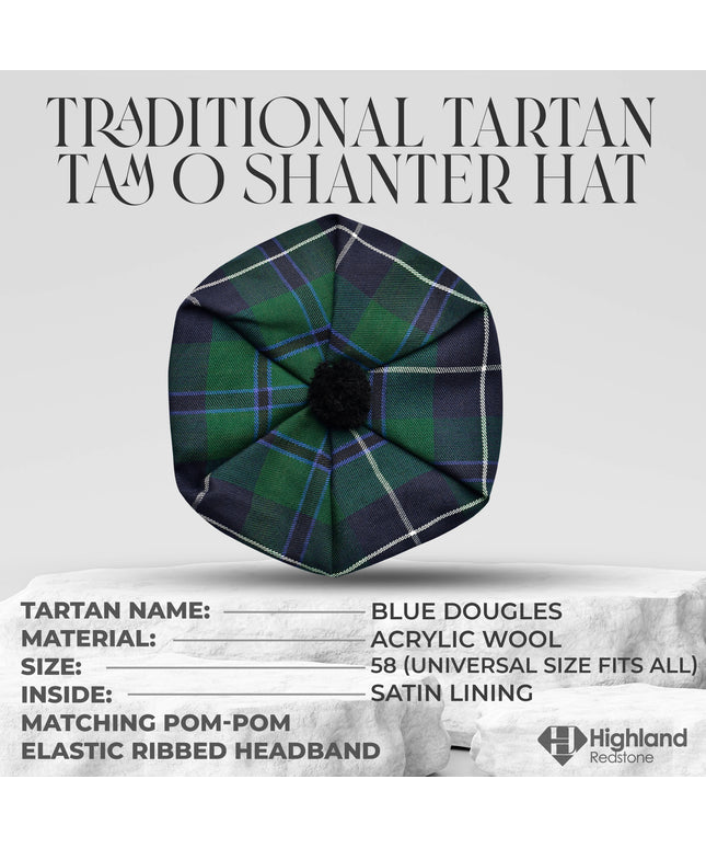 Tam O'Shanter Hat with Pompom | Blue Douglas Tartan