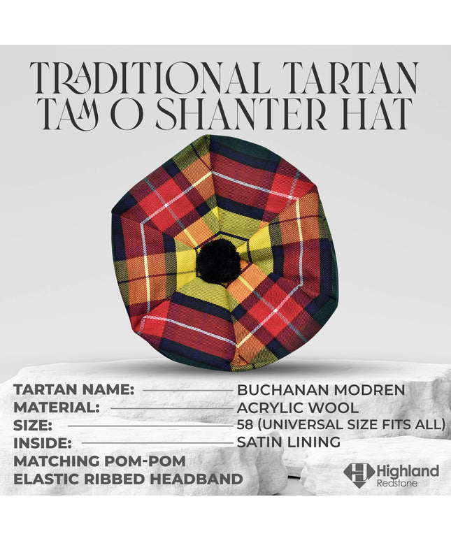 Tam O'Shanter Hat with Pompom | Buchanan Modern Tartan
