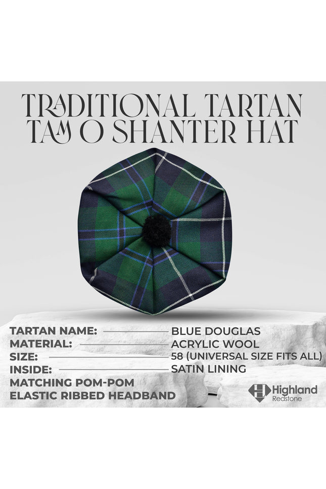 Tam O'Shanter Hat with Pompom | Blue Douglas Tartan