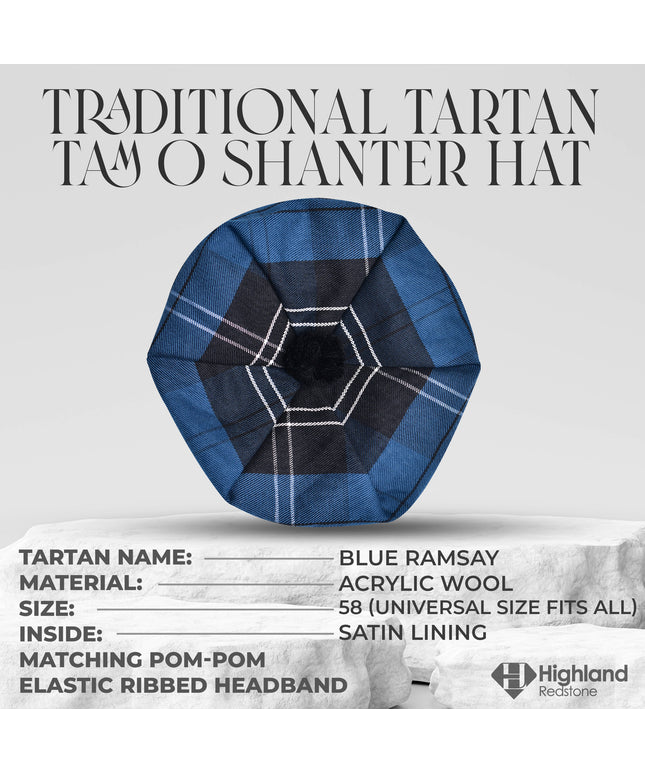 Tam O'Shanter Hat with Pompom | Blue Ramsay Tartan