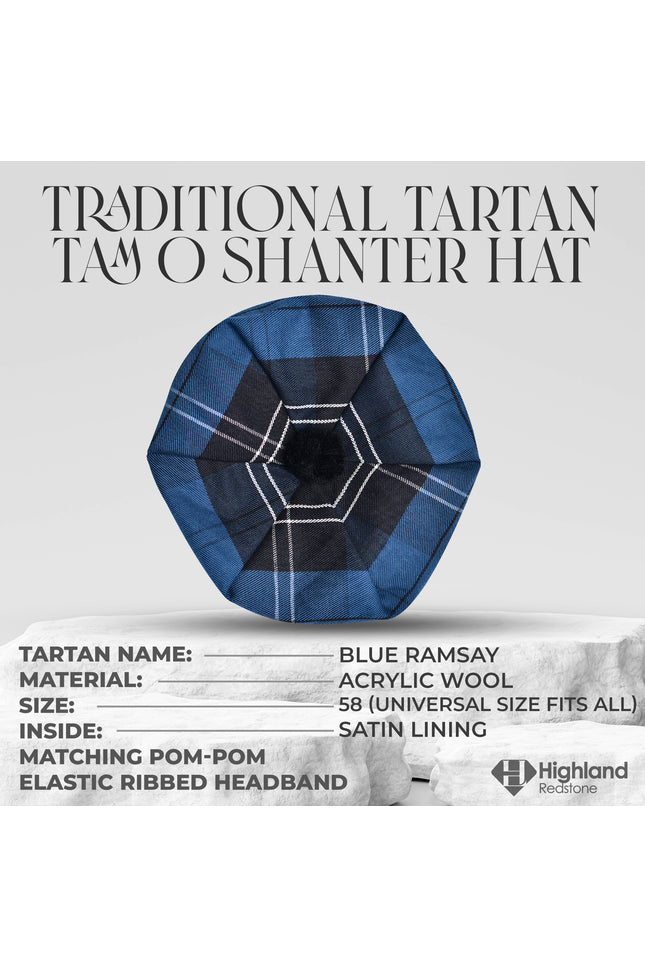 Tam O'Shanter Hat with Pompom | Blue Ramsay Tartan