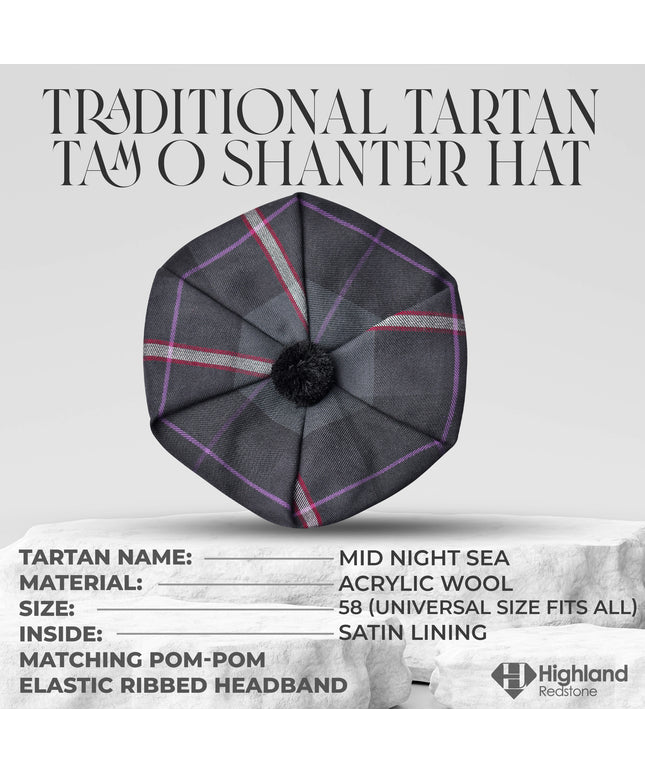 Tam O'Shanter Hat with Pompom | Mid Night Sea Tartan