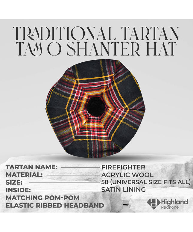 Tam O'Shanter Hat with Pompom | Firefighter Tartan
