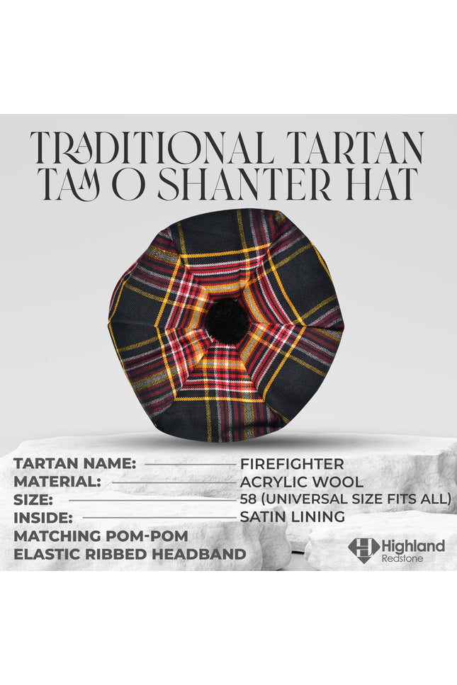 Tam O'Shanter Hat with Pompom | Firefighter Tartan