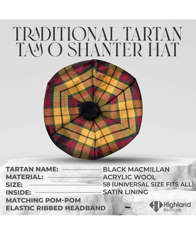 Tam O'Shanter Hat with Pompom | Black MacMillan Tartan