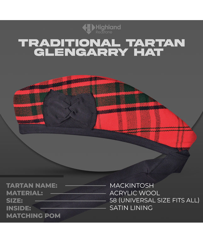 Mackintosh Glengarry hat with classic black, white, and red tartan pattern