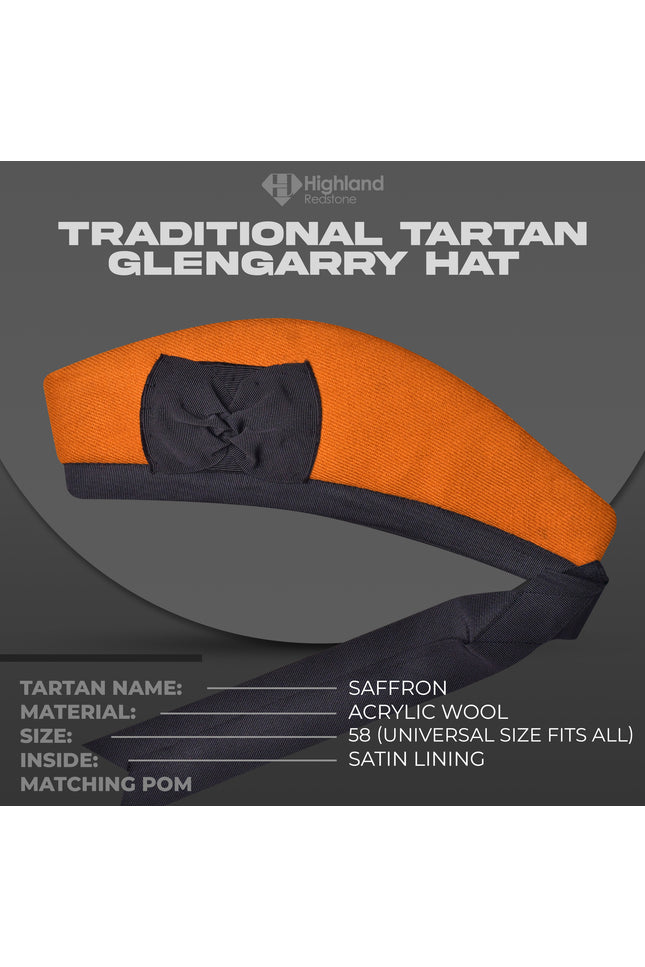 Saffron Glengarry hat with traditional ribbons and vibrant saffron color