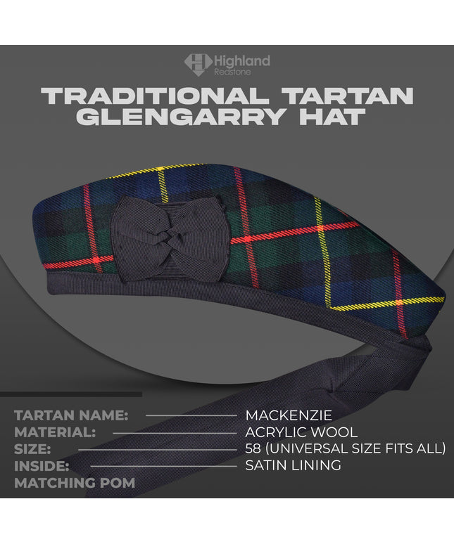 Mackenzie Glengarry hat with deep blue and green tartan pattern