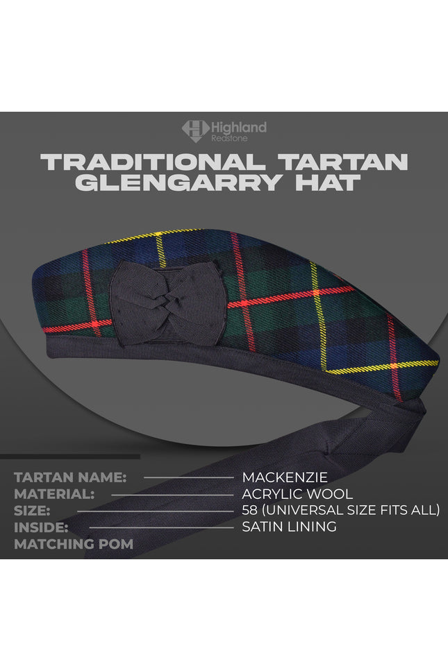 Mackenzie Glengarry hat with deep blue and green tartan pattern