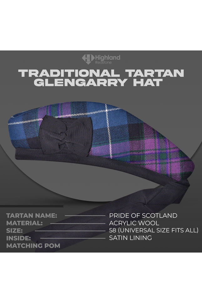 Pride of Scotland Glengarry hat featuring the elegant and vibrant Pride of Scotland tartan pattern