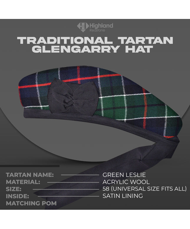 Green Leslie Glengarry featuring the green and blue tartan pattern of the Leslie Clan, crafted from high-quality materials.