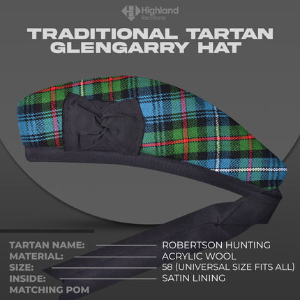 Discover the Robertson Hunting Glengarry, featuring the distinguished green and blue Robertson tartan. Perfect for formal and casual wear, this high-quality Glengarry celebrates Scottish heritage.