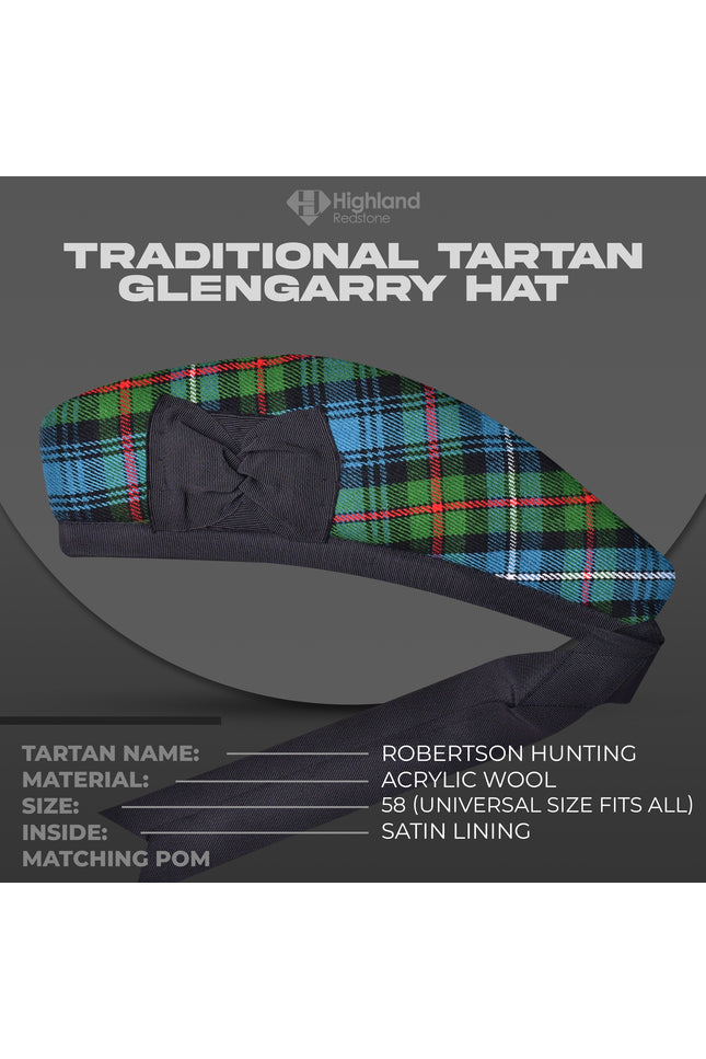 Discover the Robertson Hunting Glengarry, featuring the distinguished green and blue Robertson tartan. Perfect for formal and casual wear, this high-quality Glengarry celebrates Scottish heritage.