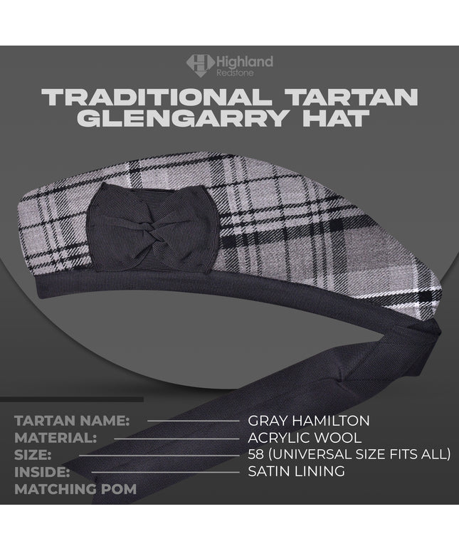 Gray Hamilton Glengarry featuring the gray, black, and white tartan pattern of the Hamilton Clan, crafted from high-quality materials.
