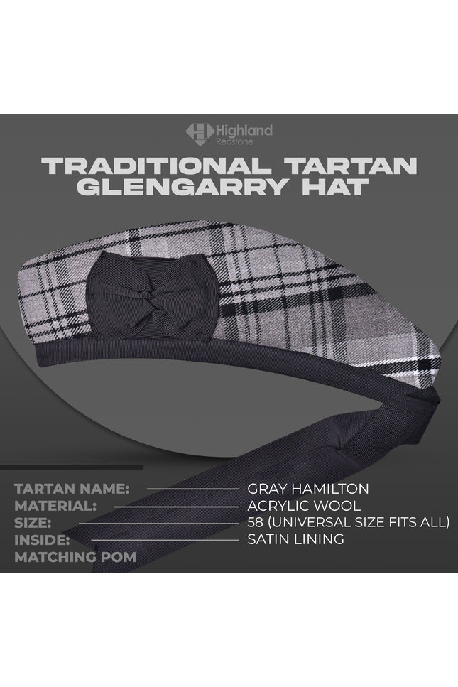 Gray Hamilton Glengarry featuring the gray, black, and white tartan pattern of the Hamilton Clan, crafted from high-quality materials.