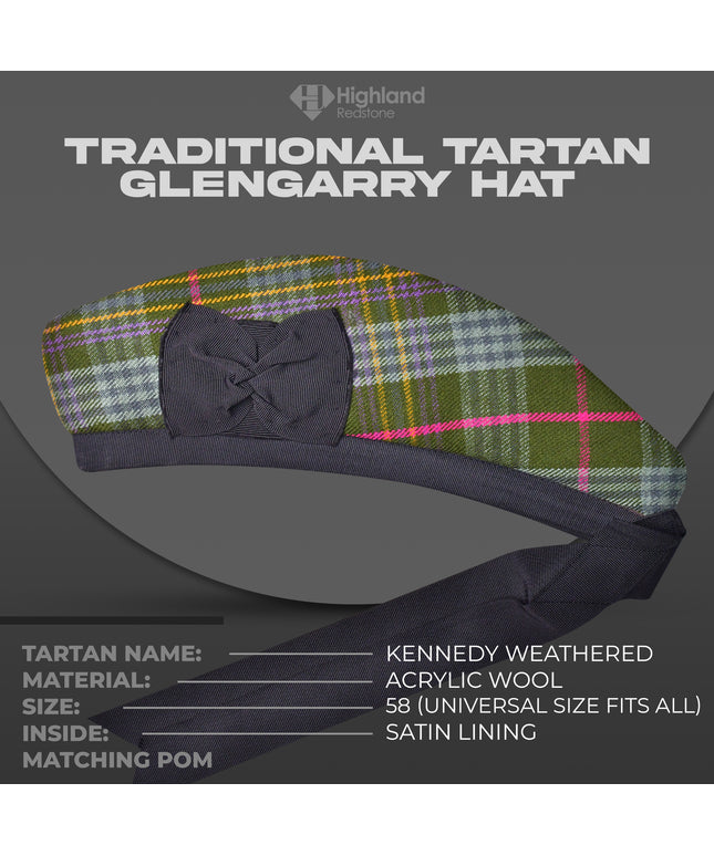 Kennedy Weathered Glengarry featuring muted grey, blue, and green tartan pattern, perfect for traditional Scottish wear.
