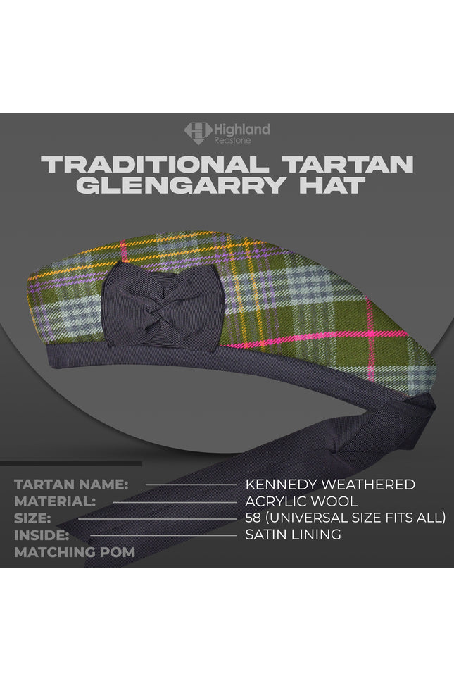 Kennedy Weathered Glengarry featuring muted grey, blue, and green tartan pattern, perfect for traditional Scottish wear.