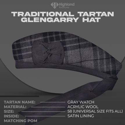 Gray Watch Glengarry featuring the gray and black tartan pattern of the Watch Clan, crafted from high-quality materials.