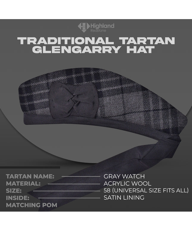 Gray Watch Glengarry featuring the gray and black tartan pattern of the Watch Clan, crafted from high-quality materials.