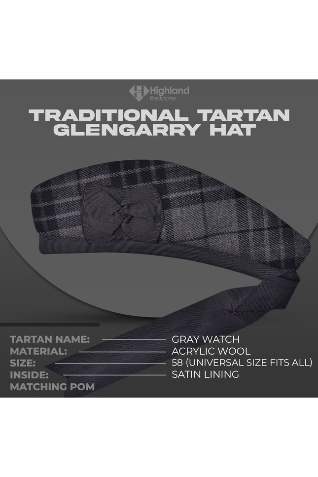 Gray Watch Glengarry featuring the gray and black tartan pattern of the Watch Clan, crafted from high-quality materials.