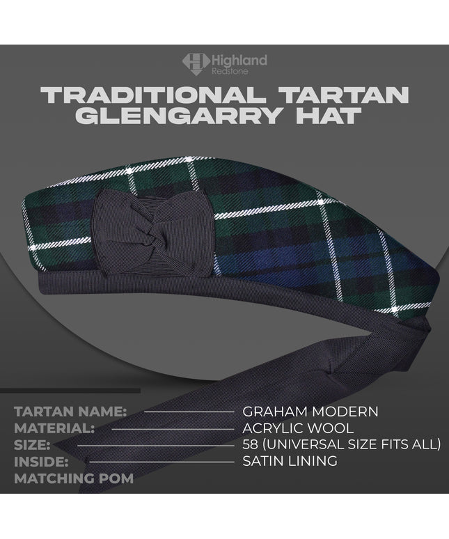 Graham Modern Glengarry featuring the blue and green tartan pattern of the Graham Clan, crafted from high-quality fabric.