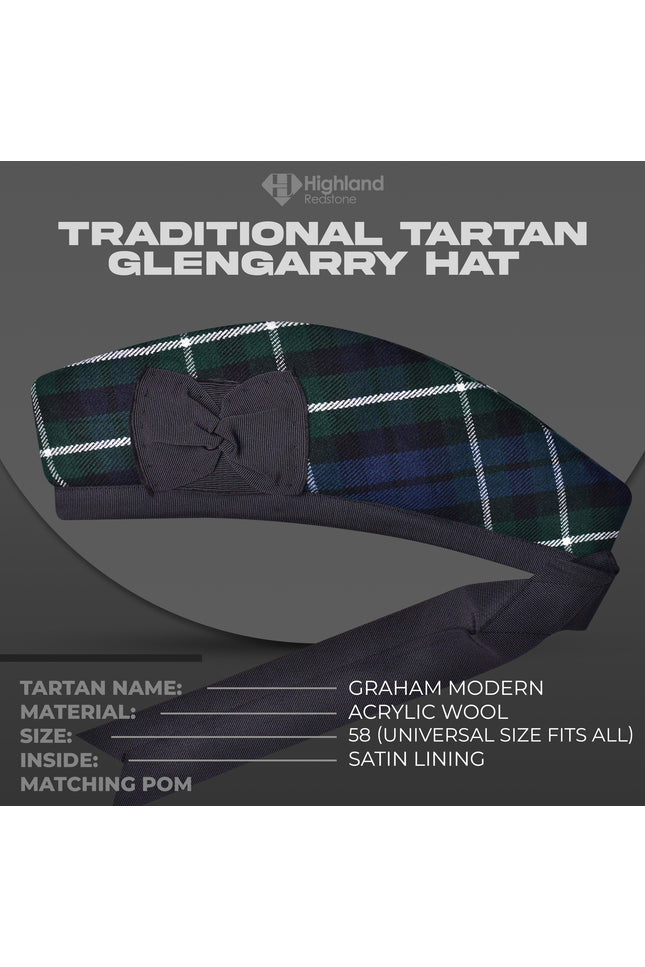 Graham Modern Glengarry featuring the blue and green tartan pattern of the Graham Clan, crafted from high-quality fabric.