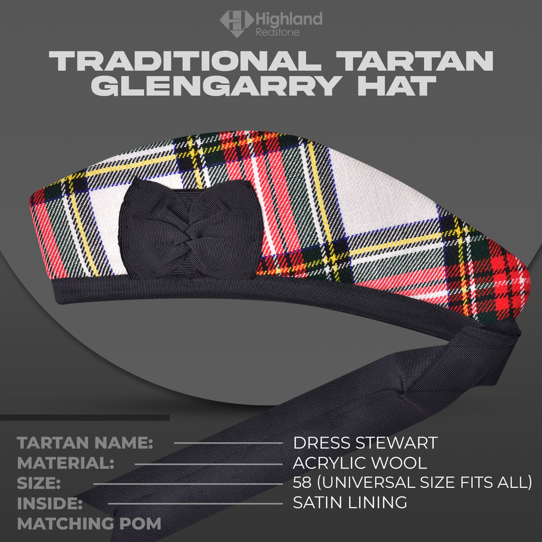 Dress Stewart Tartan Glengarry featuring the iconic red, white, and blue pattern of the Stewart Clan, made from high-quality materials.