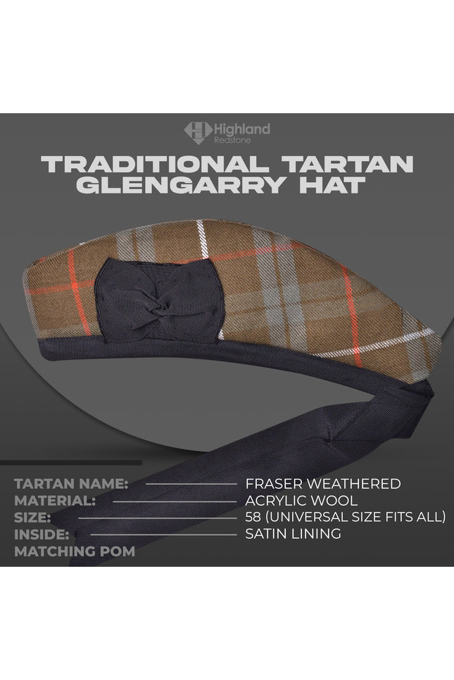 Fraser Weathered Glengarry cap - Traditional Scottish cap with weathered Fraser tartan