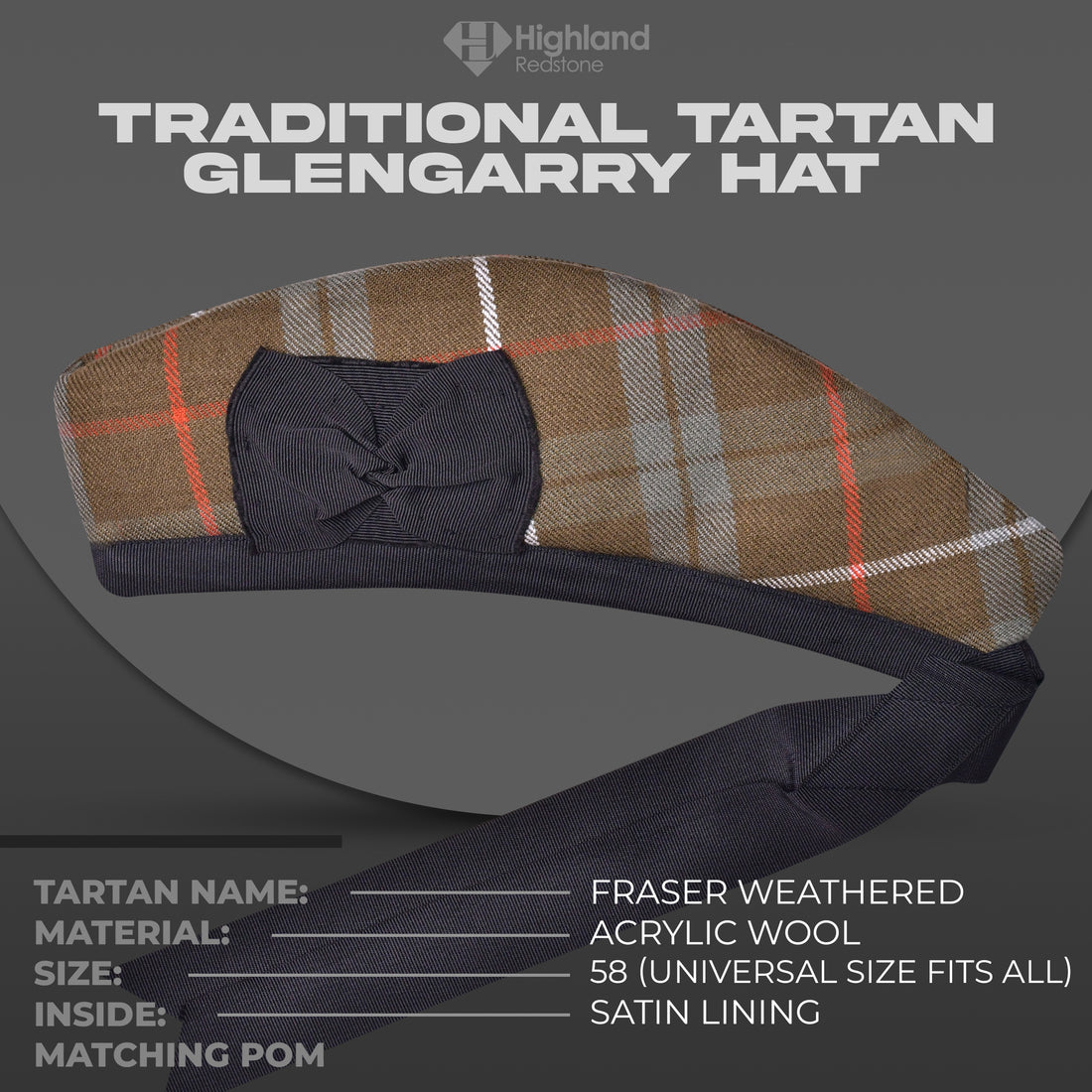 Fraser Weathered Glengarry cap - Traditional Scottish cap with weathered Fraser tartan