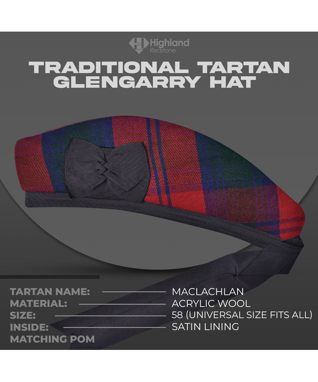 Maclachlan Glengarry hat with red, yellow, and black tartan pattern