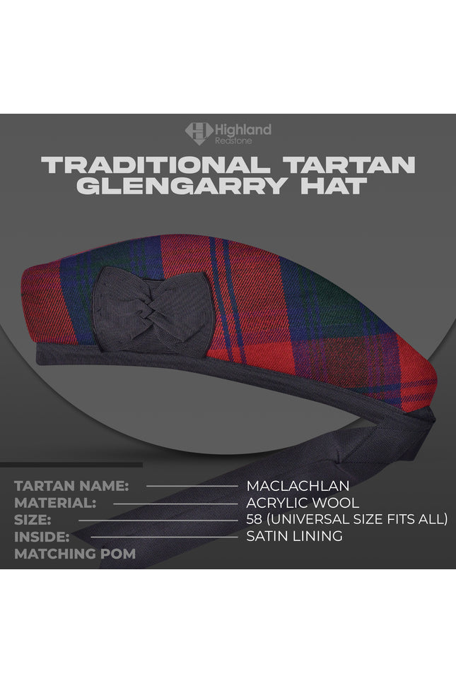 Maclachlan Glengarry hat with red, yellow, and black tartan pattern