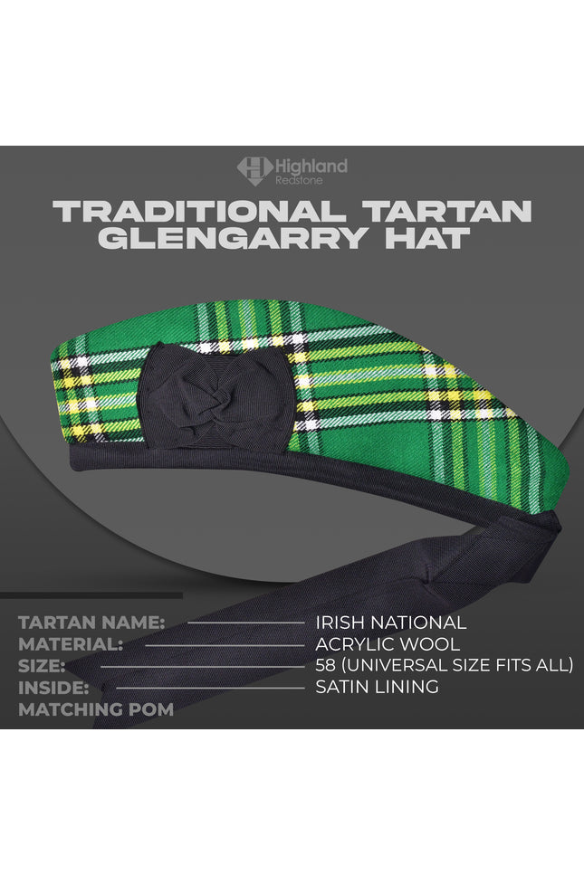 Irish National Glengarry featuring traditional Irish tartan in green, blue, and gold hues.