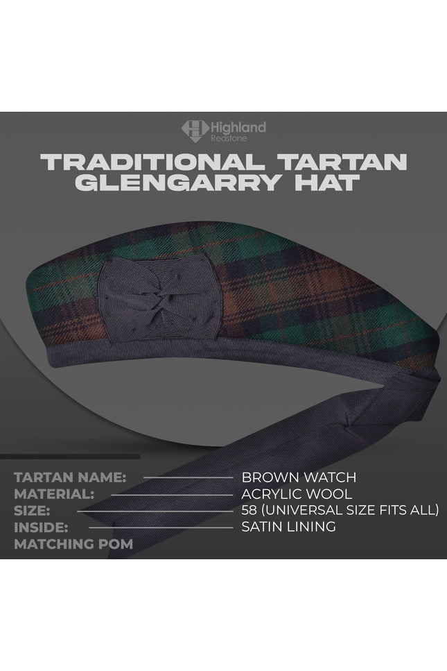  Brown watch and Glengarry hat set on display. Perfect accessories to elevate your Scottish style.