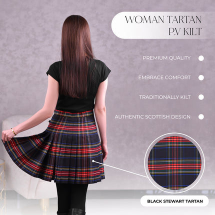 Woman Plaid Kilt – Black Stewart Tartan Kilt – Premium Quality & Timeless Style