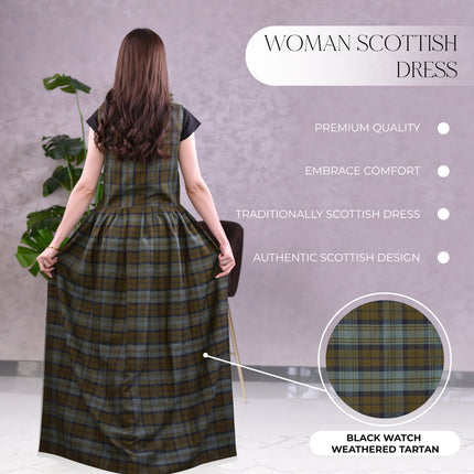 Women's Scottish Highland Dress – Long Tartan Dress | Black Watch Weathered